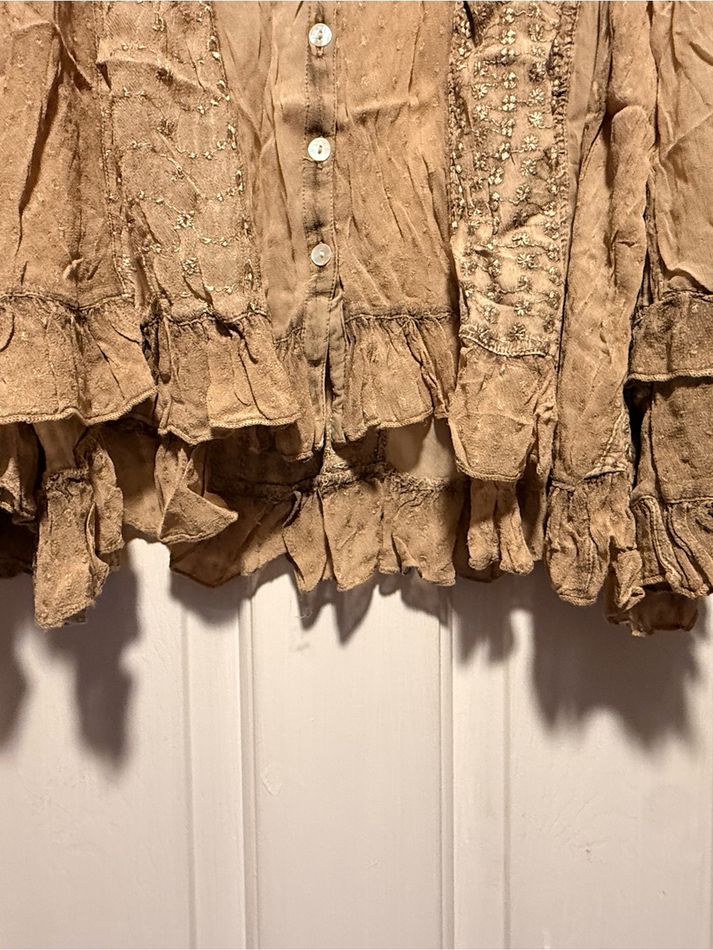 Vintage-Inspired Ruffled Button Front Blouse in Tan by Young Threads - Picture 5 of 9